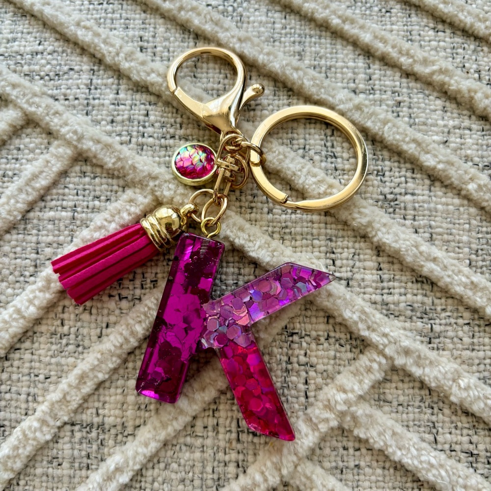 Pink Monogram Letter K Sequin Keychain w/ Tassle NWOT Charm